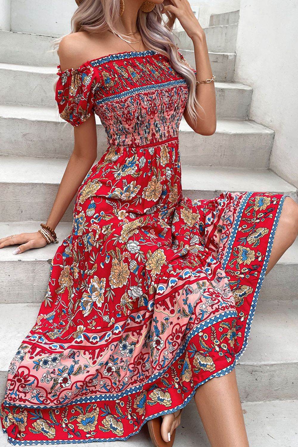 Perfee Floral Off-Shoulder Smocked Midi Dress Trendsi e32b7b749a0940dfa029a78c7805fb13-Max