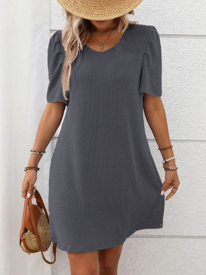 Textured Round Neck Short Sleeve Mini Dress Dark Gray Trendsi e3755907-8aa5-482f-8a34-7a7c2b378578-Max