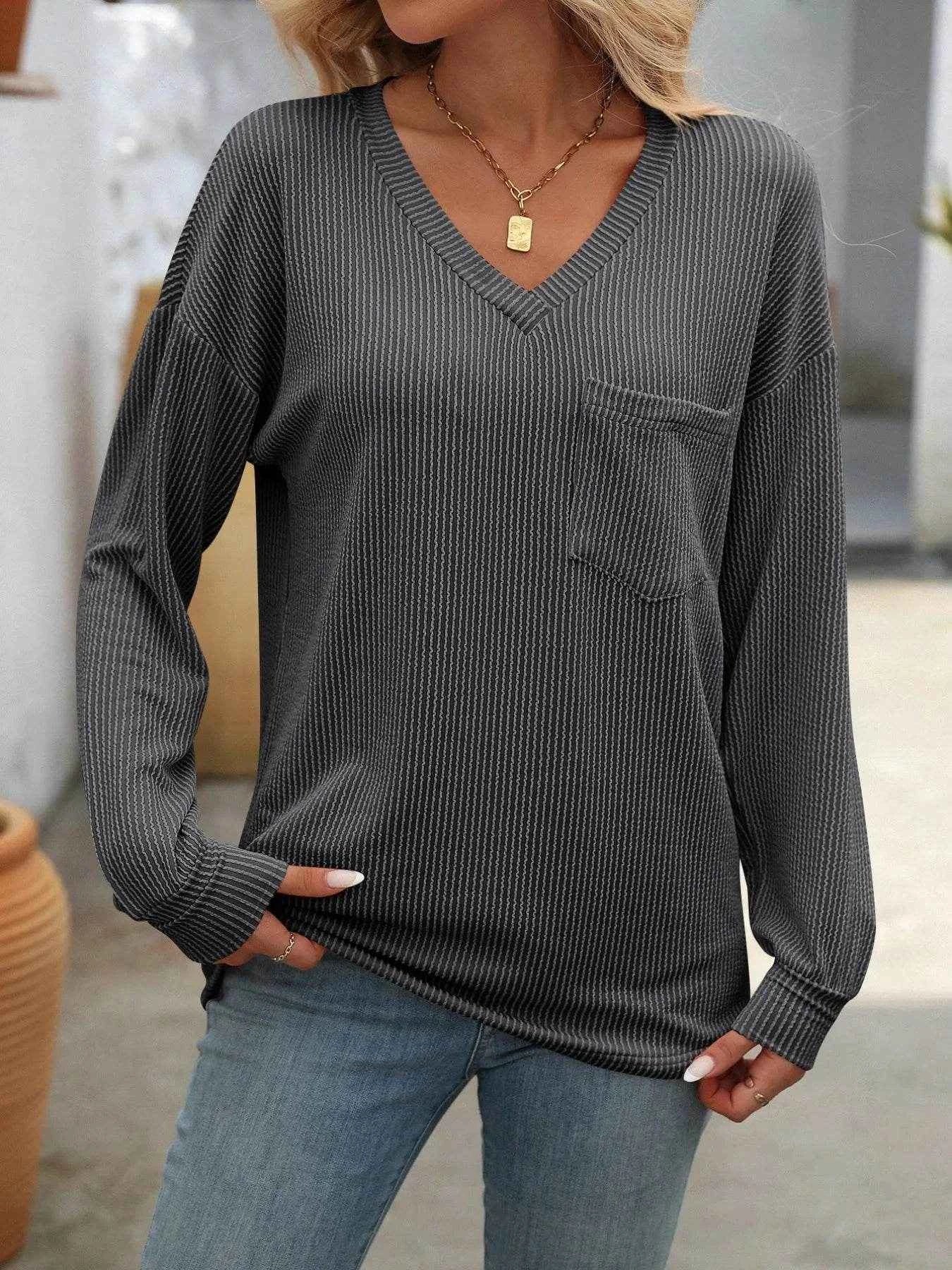 Ribbed V-Neck Long Sleeve T-Shirt Trendsi e3777850-0dd8-4cc9-a501-8ceadc7046a8-Max-Origin