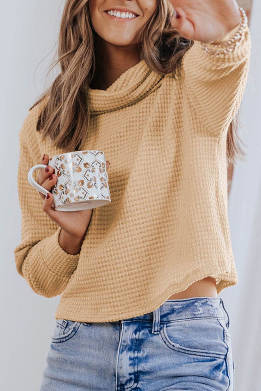 Waffle-Knit High Neck Top Trendsi e3919bf41d684eea8d0e9cafff94855d-Max