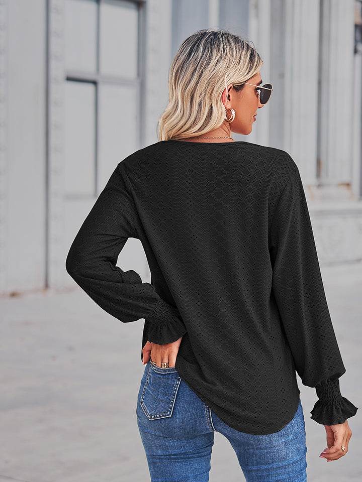 V-Neck Eyelet Flounce Sleeve Blouse Trendsi e39e2950634c40a48d30b1482ac90e93-Max