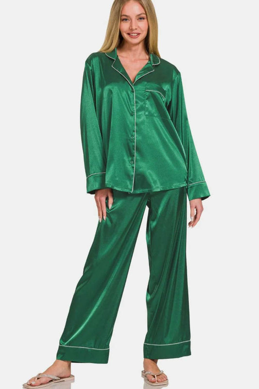 Zenana Satin Long Sleeve Shirt and Pants Pajama Set Hunter Green Trendsi e3a597eb-6ea6-45b8-b30d-2d5cdaca9b15-Max
