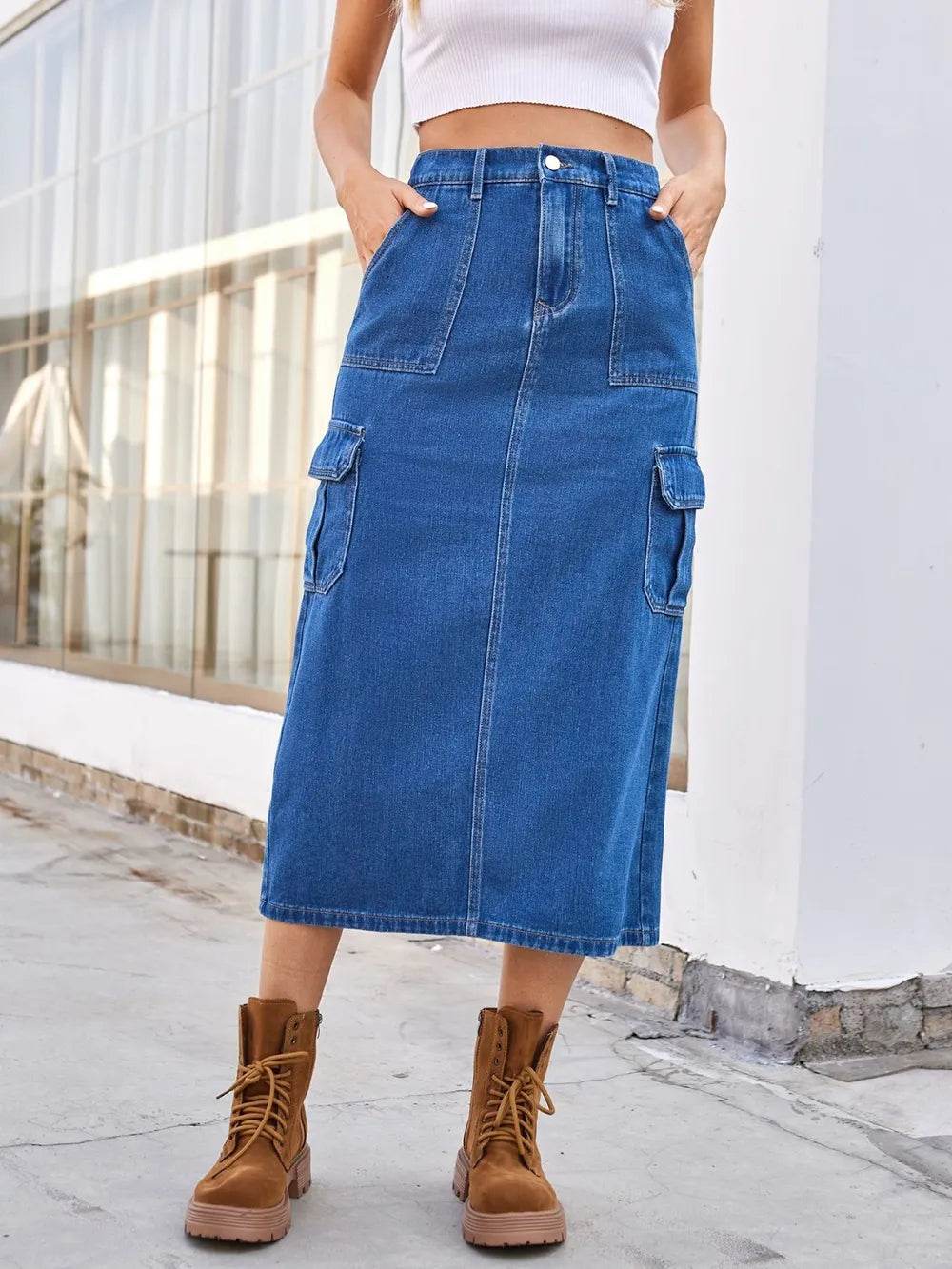 Slit Midi Denim Skirt with Pockets Trendsi e3bf6292-70db-4a36-9cdd-9e67b3751a4f-Max