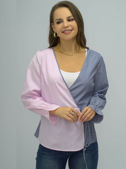 Shiny Surplice Neck Striped Long Sleeve Blouse Trendsi e3c0eeb2596c4f82914da0ffa16358b5-Max