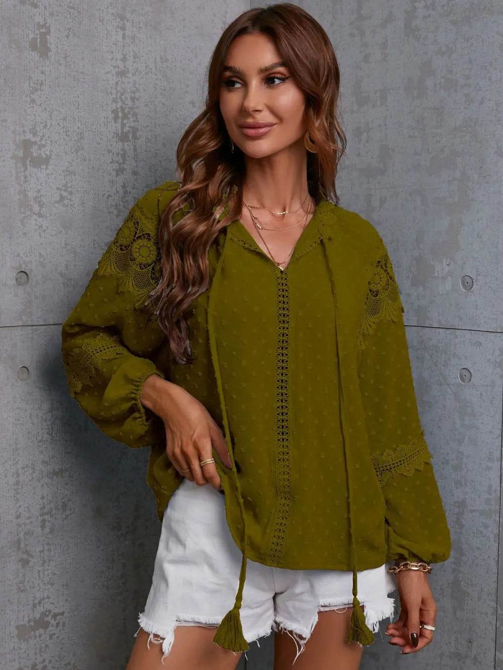 Crochet Tassel Tie Neck Long Sleeve Blouse Moss Trendsi e3c1997b71ed445085ab58ccdb395d3a-Max