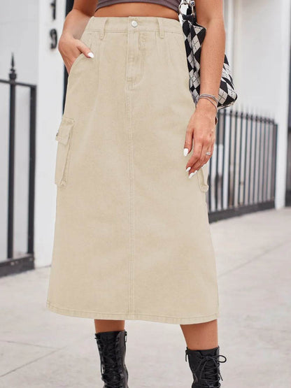 Slit Buttoned Denim Skirt with Pockets Tan Trendsi e408906a-3c83-4879-8ce4-b6e684ea72e4-Max