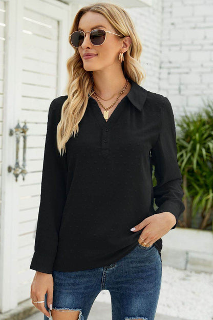 Swiss Dot Johnny Collar Blouse Black Trendsi e40c804c4eff4385b61831d791b99931-Max