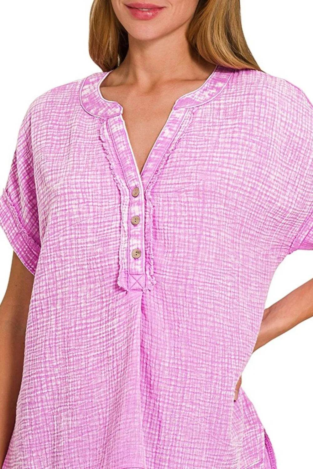 Zenana Washed Double Gauze 3/4 Button Henley Neck Shirt Trendsi e40c8af3-d598-4e59-a9e2-ef3725f46e49-Max-Origin