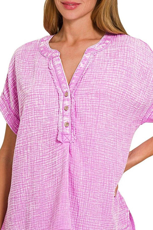Zenana Washed Double Gauze 3/4 Button Henley Neck Shirt Trendsi e40c8af3-d598-4e59-a9e2-ef3725f46e49-Max-Origin
