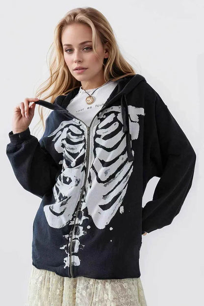 Skeleton Zip Up Drawstring Hoodie Trendsi e4165bd7-eae1-4438-ae33-82665b66d3ce-Max