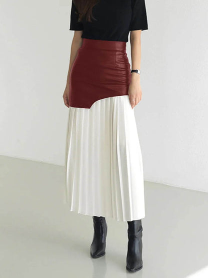 Patchwork Contrast Pleated Skirt Burgundy Trendsi e41d851d-42a2-4fb6-bc74-4d4577f73f36-Max-Origin