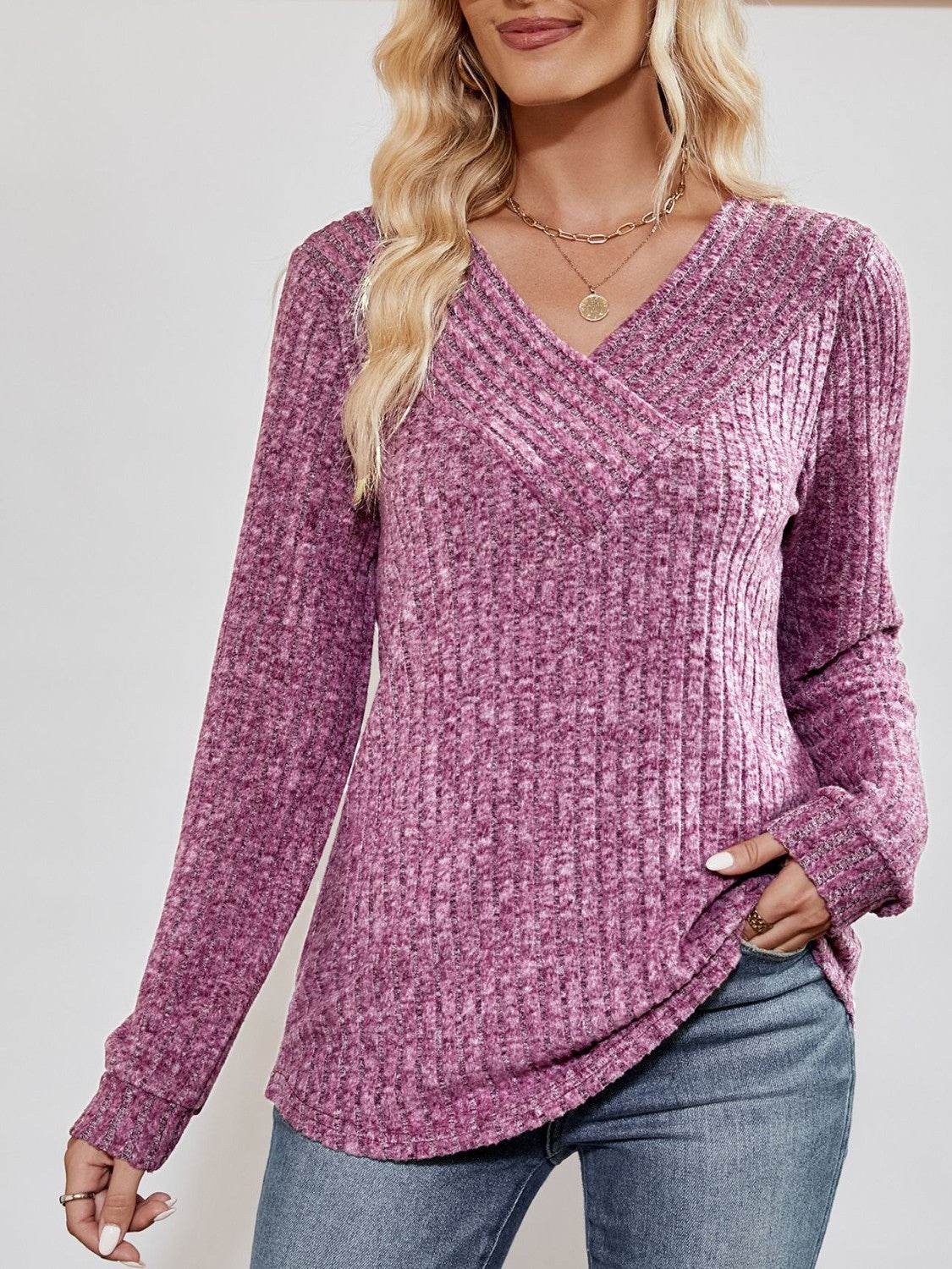V-Neck Ribbed Long Sleeve Top Trendsi e42649964ae3421482ef59f97b88901c-Max