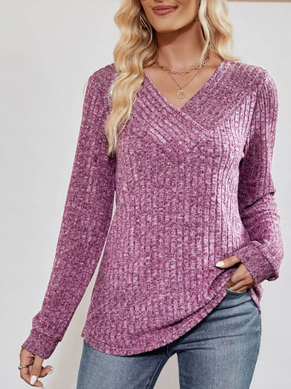 V-Neck Ribbed Long Sleeve Top Trendsi e42649964ae3421482ef59f97b88901c-Max