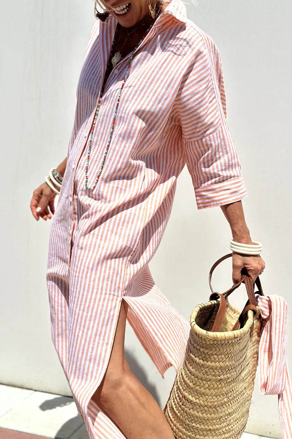 Tied Button Up Three-Quarter Sleeve Dress Trendsi e43cb922-690c-4f63-8628-0bbf6ce61032-Max