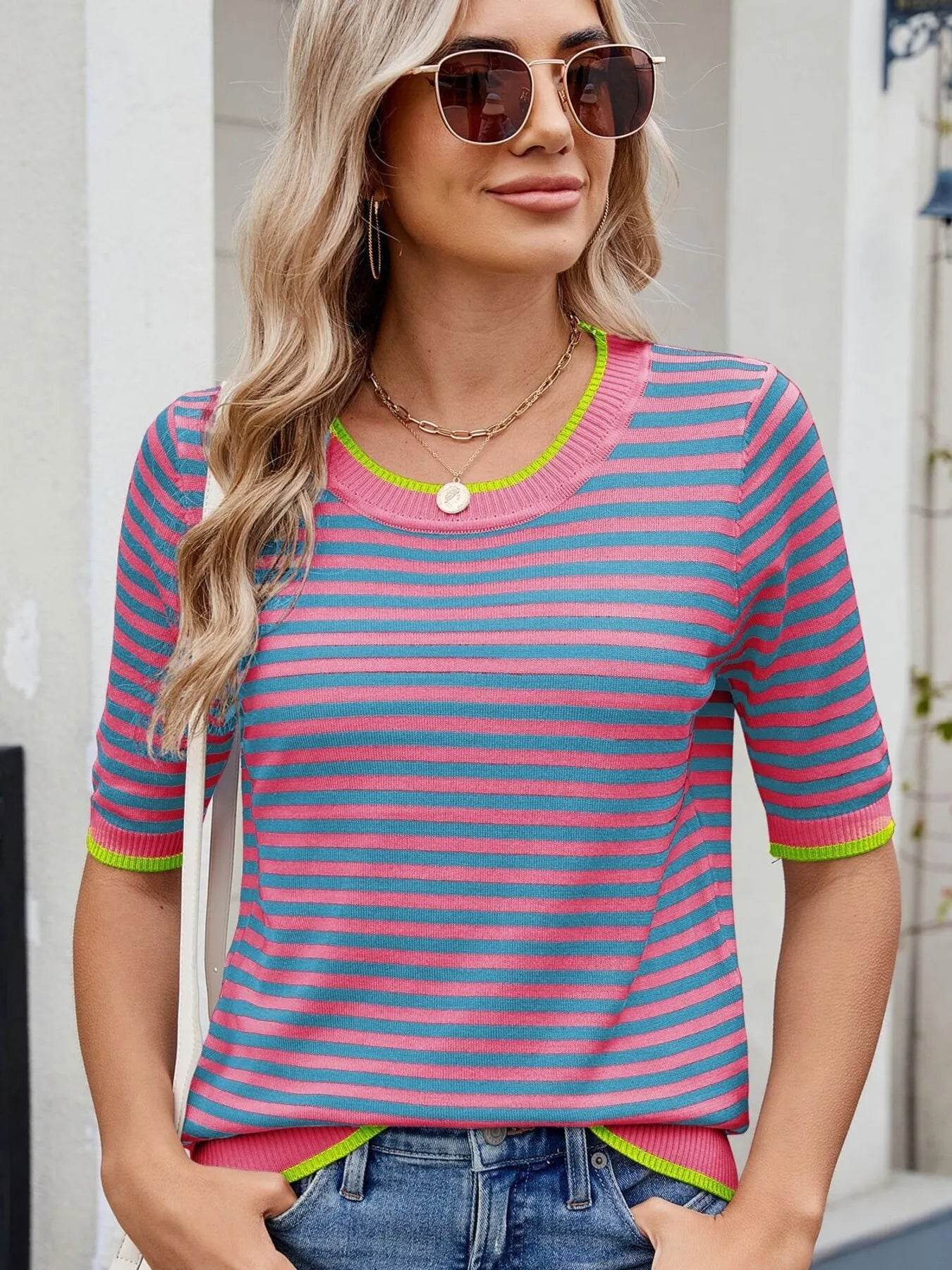 Striped Casual T-Shirt with Contrast Trim Pink Blue Trendsi e43e9161b5594a26a7bc8ecee0b62812-Max-Origin