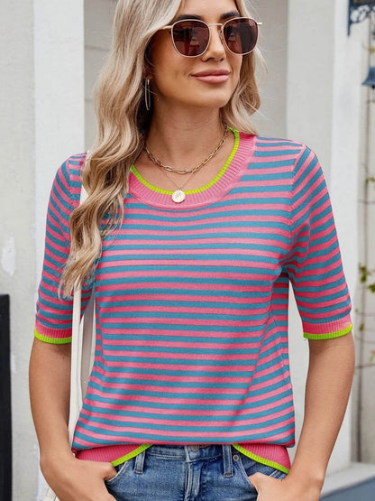 Striped Casual T-Shirt with Contrast Trim Pink Blue Trendsi e43e9161b5594a26a7bc8ecee0b62812-Max-Origin
