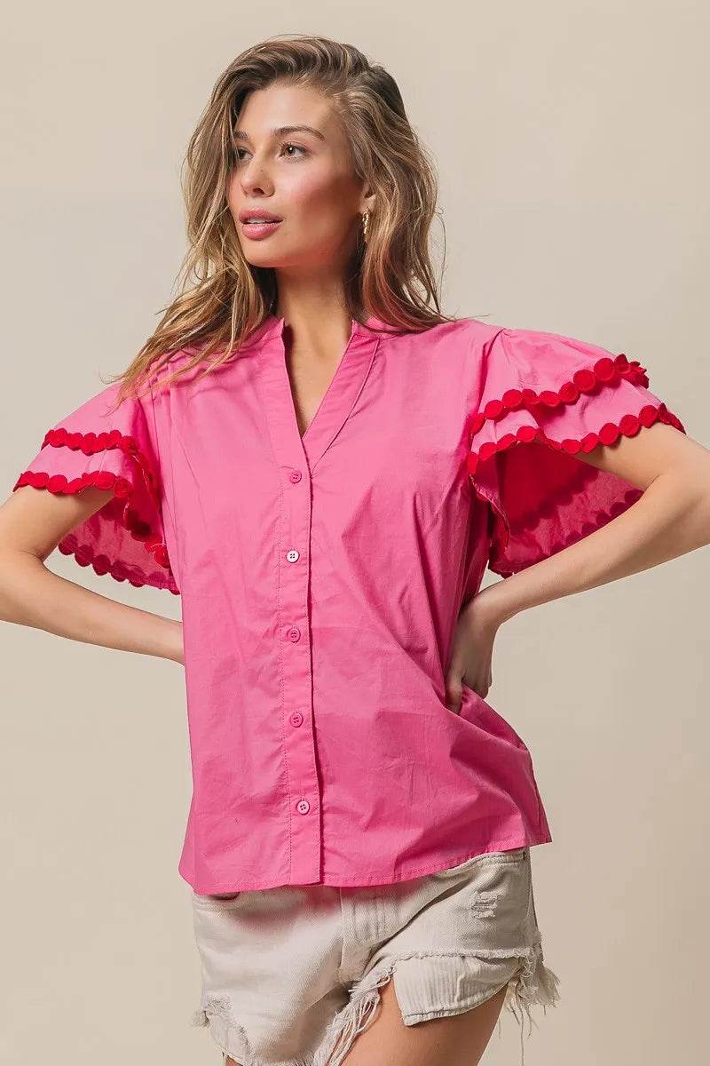 BiBi Dot Trim Flutter Sleeve Notched Top Trendsi e44f251cb90c41fbb0327cdef8f7adb4-Max-Origin
