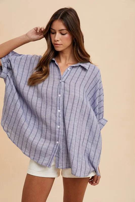 Annie Wear Striped Button Up Half Sleeve Shirt Dusty Blue Trendsi e463f0b2-f56b-489f-99ad-8d7bcaf1b652-Max
