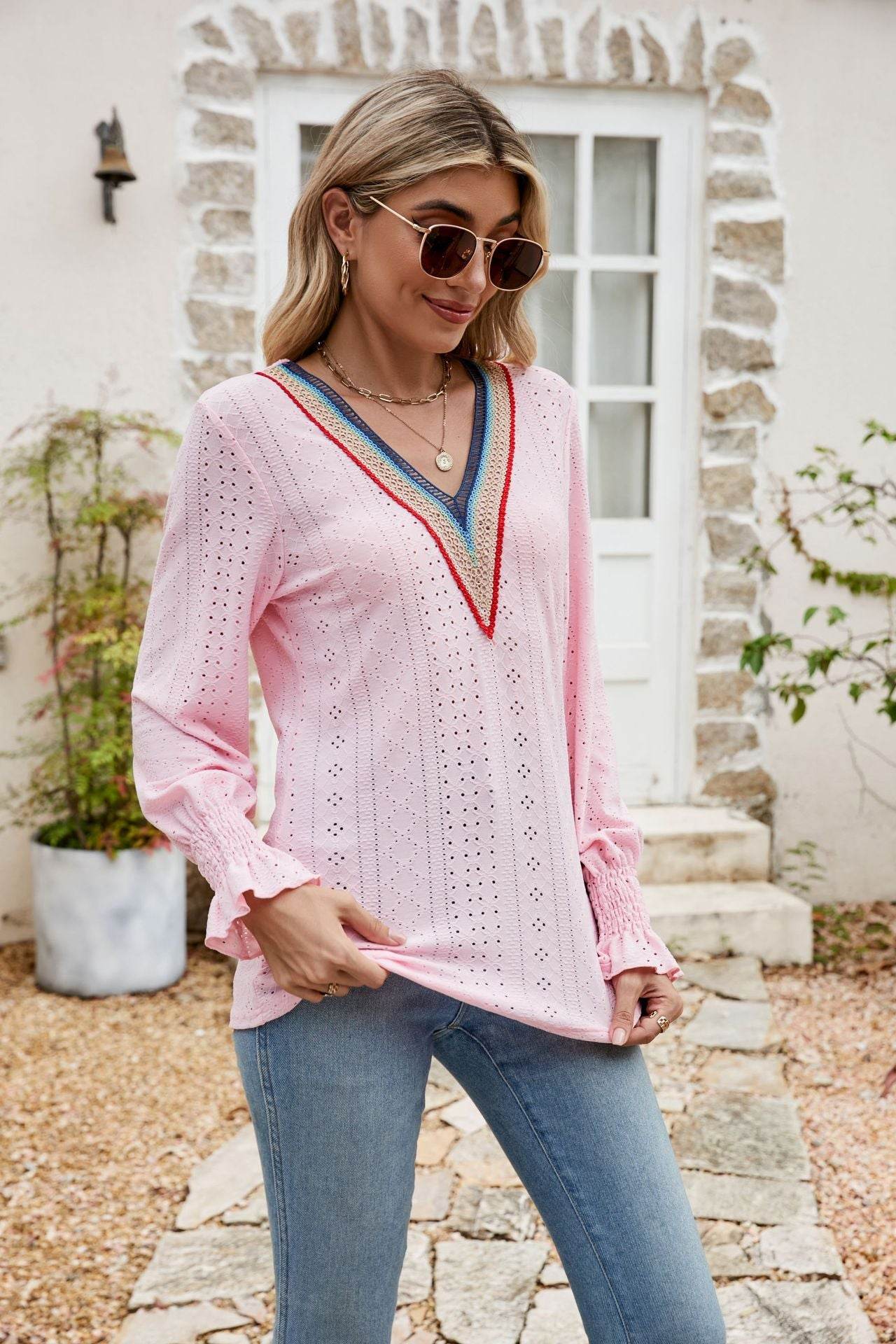 Eyelet Flounce Sleeve V-Neck Blouse Trendsi e4680ed66feb4187b9bdc42232333aeb-Max