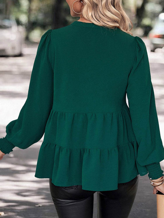 Perfee Notched Neck Lantern Sleeve Blouse Trendsi e483414cc073447b893349d323cf6d5a-Max