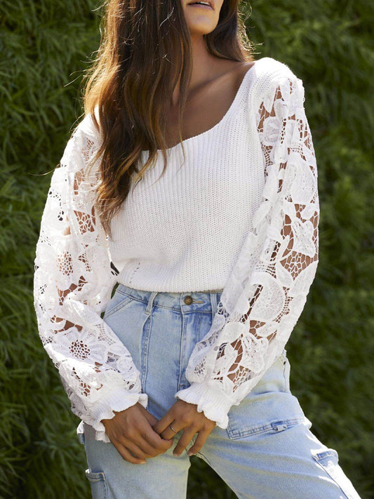 Ribbed Lace Trim Flounce Sleeve Knit Top Trendsi e4a70cde684f4f9d9dd47901ba35f852-Max