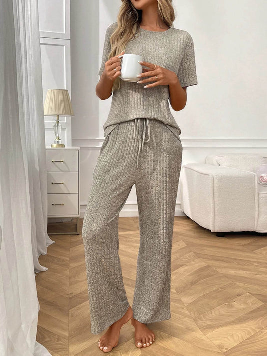 Ribbed Knit Short Sleeve Top and Pants Lounge Set Khaki Color Trendsi e4c6d4df8e344fd485250aee248dd9a4-Max-Origin