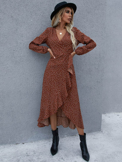 Surplice Neck Ruffled Midi Dress Brown Trendsi e4c6f8da9da149d8a853a198bd4d8efd-Max