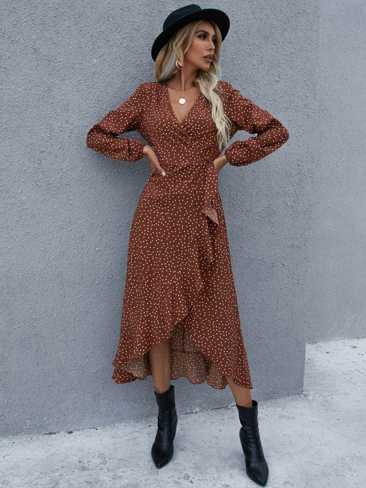 Surplice Neck Ruffled Midi Dress Brown Trendsi e4c6f8da9da149d8a853a198bd4d8efd-Max