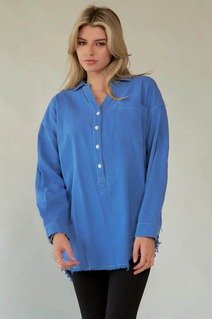 Davi & Dani Letter Back Raw Hem Half Button Shirt Trendsi e4c988ef-d381-45eb-a5b1-83ffe0510bcc-Max
