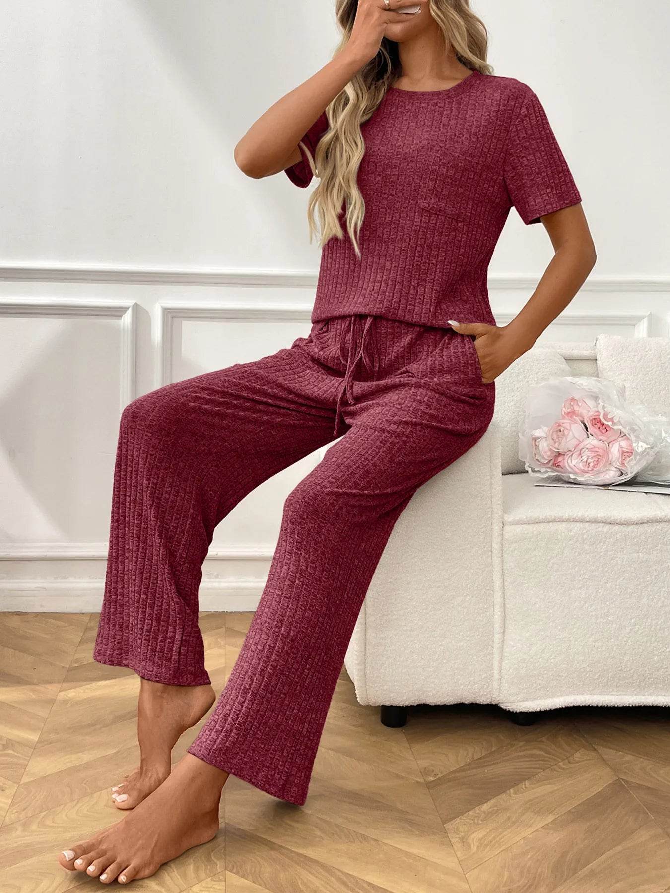 Ribbed Knit Short Sleeve Top and Pants Lounge Set Trendsi e4f4fe8e793c4ba298da54bb434817c9-Max-Origin
