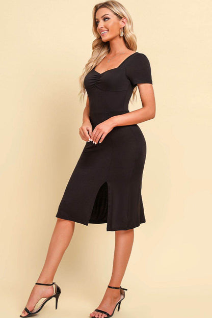 Ruched Sweetheart Neck Short Sleeve Slit Dress Trendsi e4f56cf67c1c44c1b6fbe55818b36350-Max