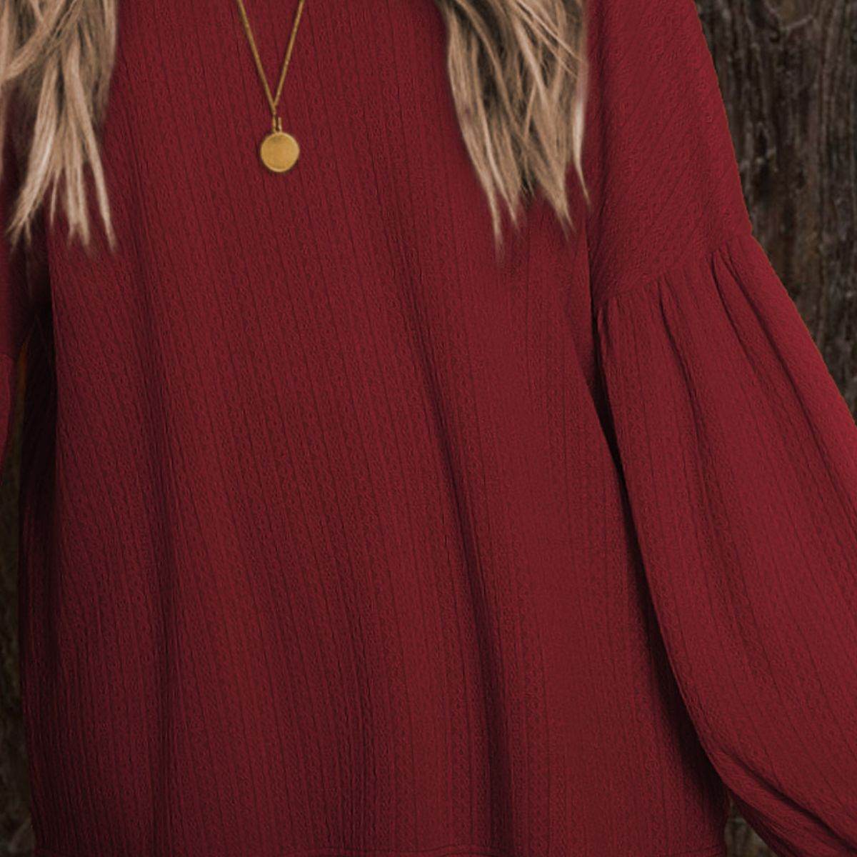 Round Neck Long Sleeve Ruched Blouse Trendsi e4f98e69d17e4884bf5f3be941400c05-Max