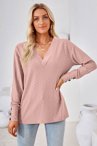V-Neck Long Sleeve Blouse Trendsi e52f8f83c5d048ed87c122c336bc5d0b-Max