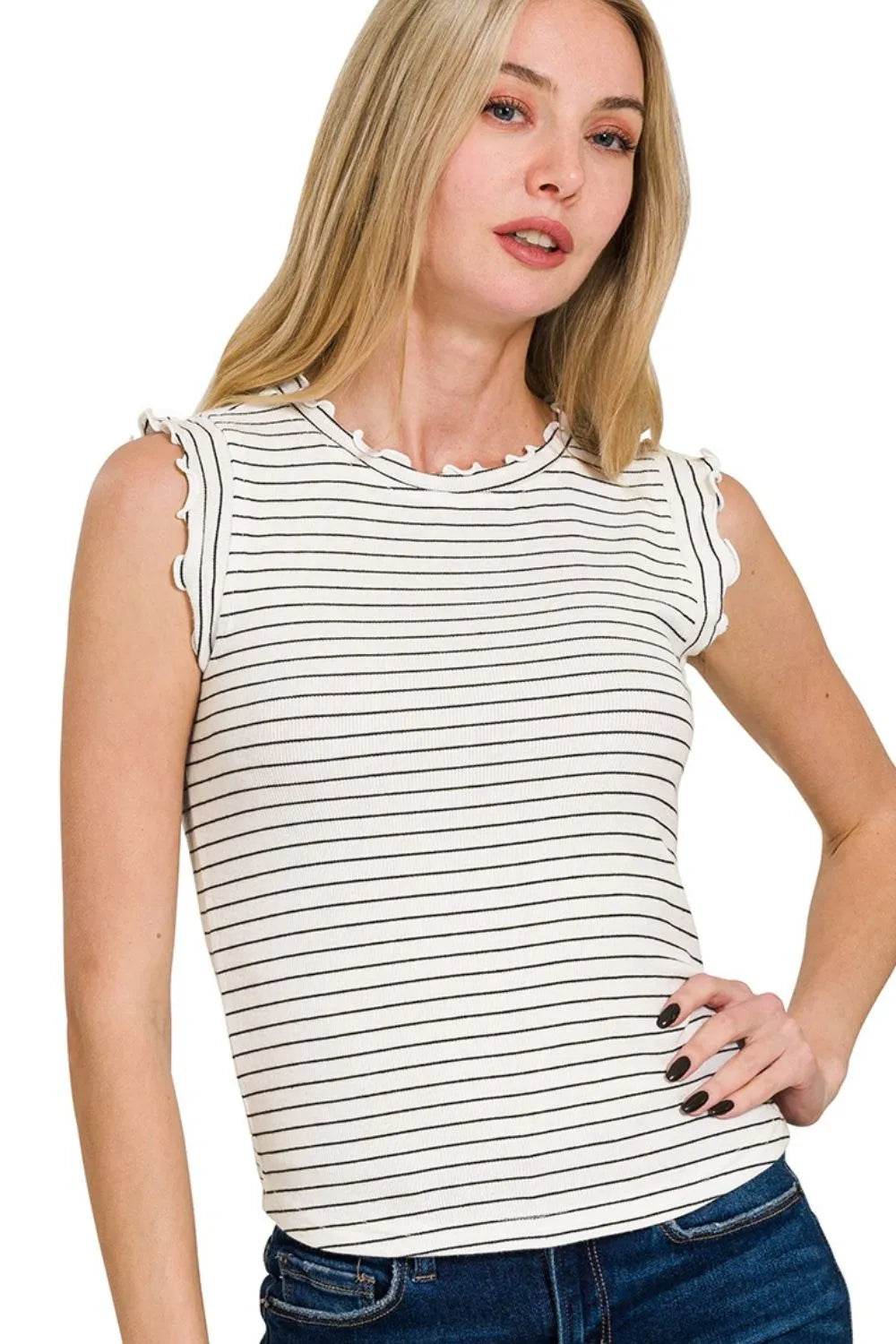 Zenana Ribbed Ruffle Trim Sleeveless Stripe Top WHITE BLACK Trendsi e5325b9a-5dd0-4f65-8f69-3e3fc89212f5-Max-Origin