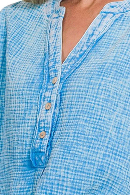 Zenana Washed Double Gauze 3/4 Button Henley Neck Shirt Trendsi e5332db0-c4e8-4a7e-9778-bbf4f47135d0-Max-Origin