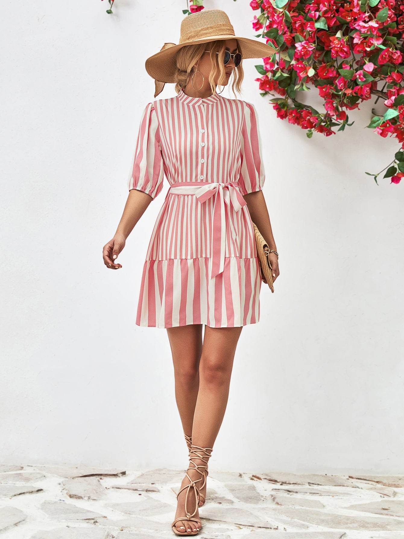 Striped Half Sleeve Tie Waist Mini Dress Trendsi e540e4c5611f4feabb434729f55a6282-Max