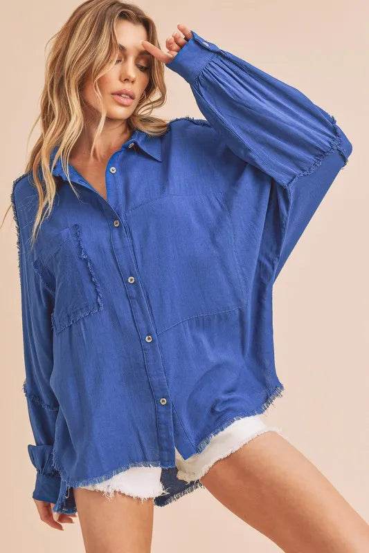 Aemi + Co Raw Edge Exposed Seam Collared Neck Long Sleeve Shirt Royal Blue Trendsi e54b2656-8f05-4991-b7da-b020bb037a38-Max