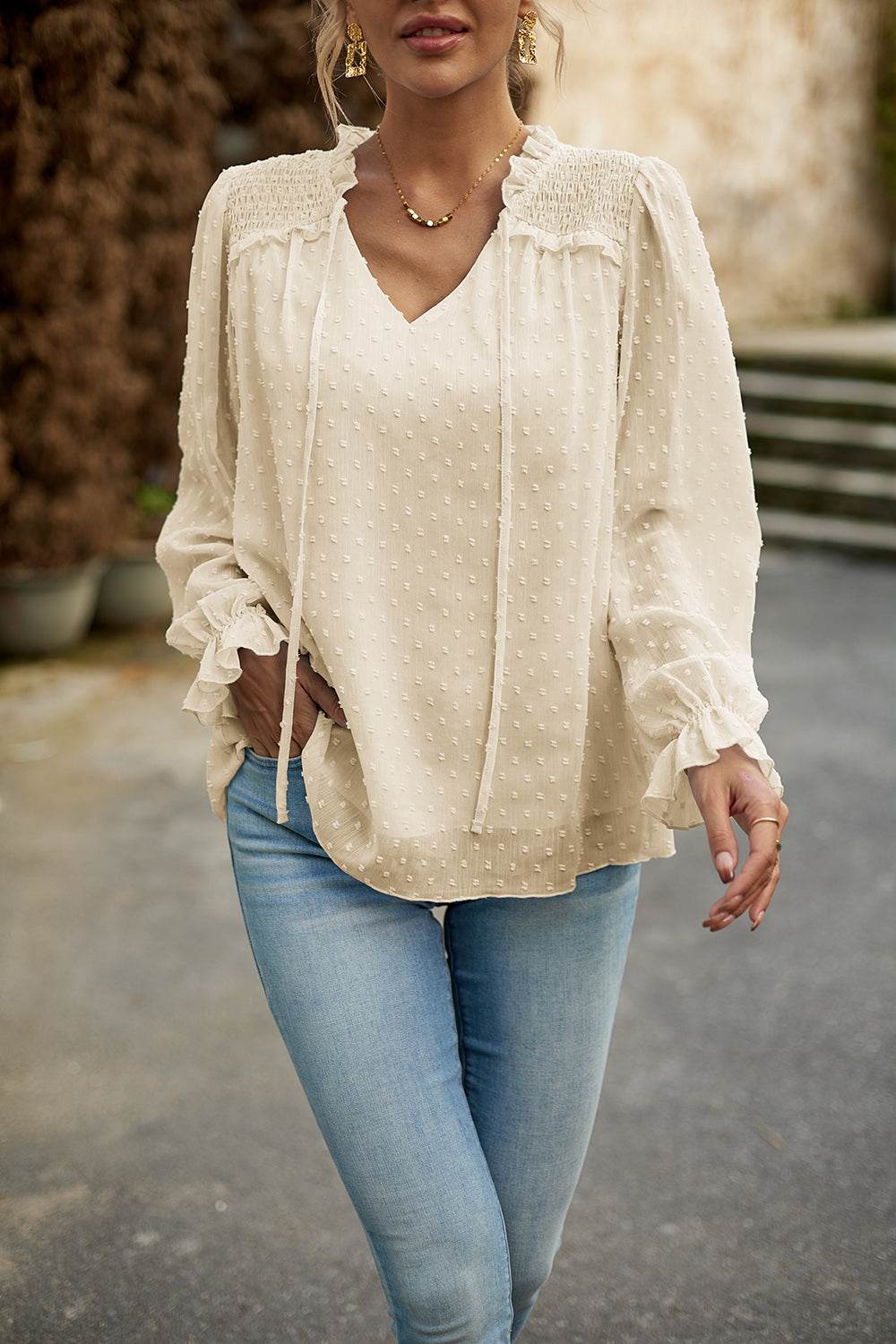 Devine Swiss Dot Smocked Shoulder Blouse Cream Trendsi e58622ccf92d47d3a6f731399320ff6b-Max