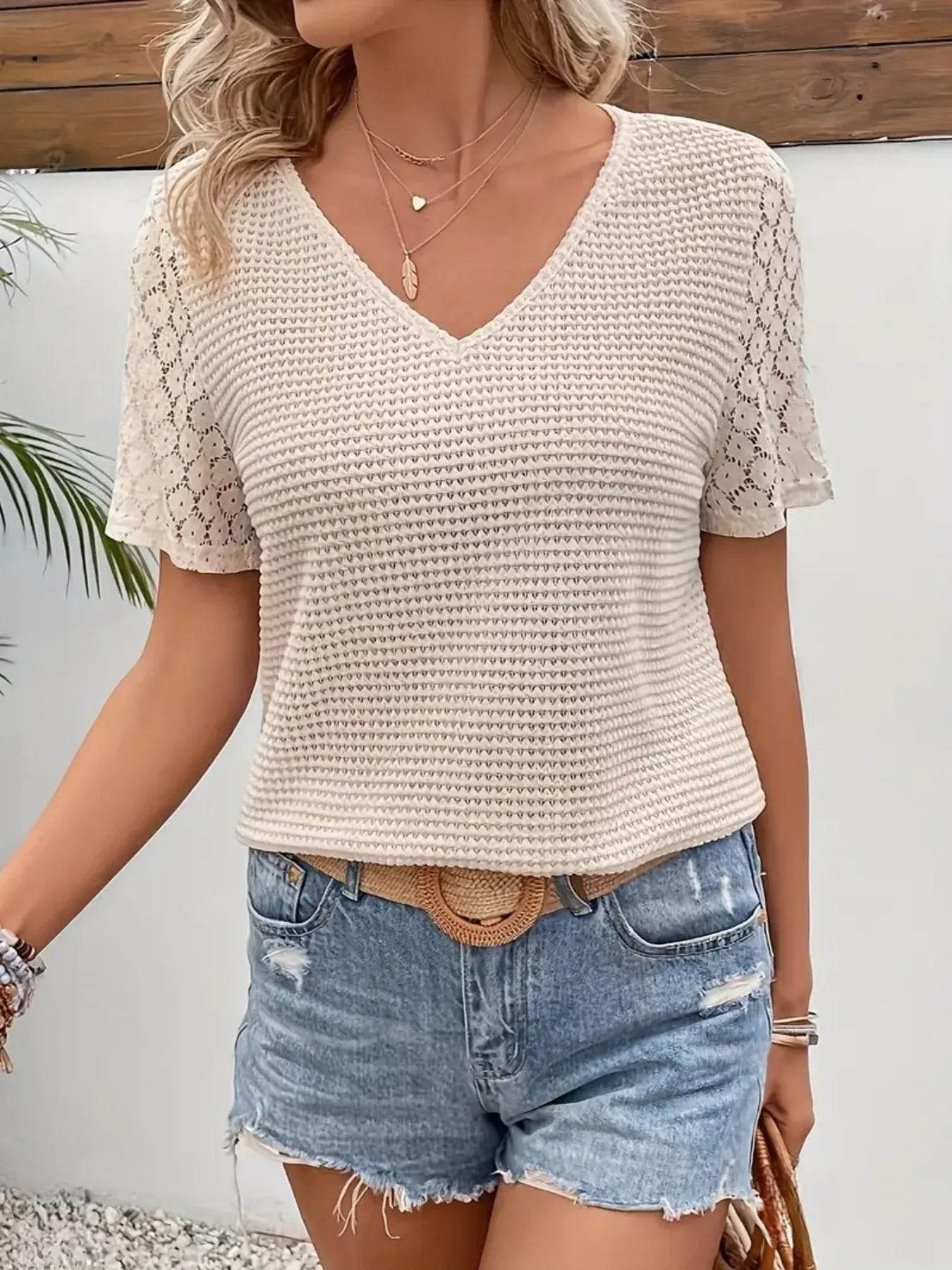 Lace Sleeve V-neck Waffle Knit Top Trendsi e59a62091f53400db59f54fde3e1b604-Max-Origin