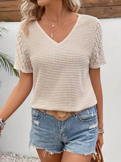 Lace Sleeve V-neck Waffle Knit Top Trendsi e59a62091f53400db59f54fde3e1b604-Max-Origin
