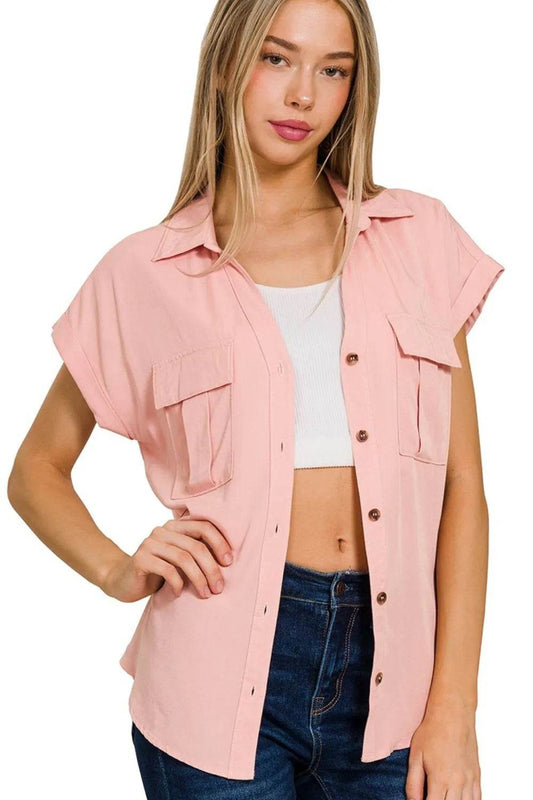 Zenana Tencel V-neck Collared Top W Front Flap Pockets LT ROSE Trendsi e59be957-fe31-40a7-a42e-4810344a6b42-Max-Origin