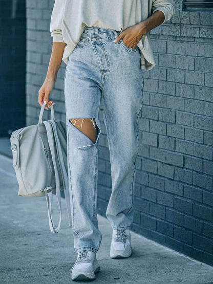 Distressed Asymmetric Waist Jeans Trendsi e5a7bec6-076b-495d-8680-255ee8a66286-Max