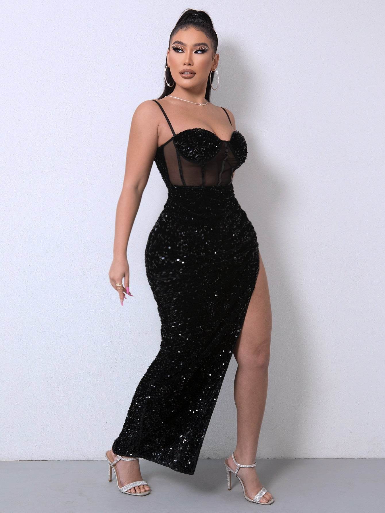 Sequin Spliced Mesh Adjustable Strap Dress Trendsi e5c46758018547cf9e2ceae711f2e043-Max