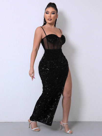 Sequin Spliced Mesh Adjustable Strap Dress Trendsi e5c46758018547cf9e2ceae711f2e043-Max