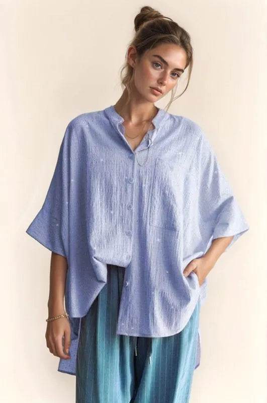 Davi & Dani Rhinestone Pleat Back Short Sleeve Loose Fit Shirt Blue Trendsi e5dc50fb233547d5b4f8b31858b2e39d-Max-Origin
