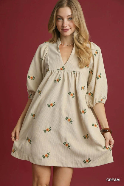 Umgee Corduroy Babydoll Dress with Floral Embroidery Cream Trendsi e5e07cea-7a32-4914-8225-201b9ba47749-Max-Origin