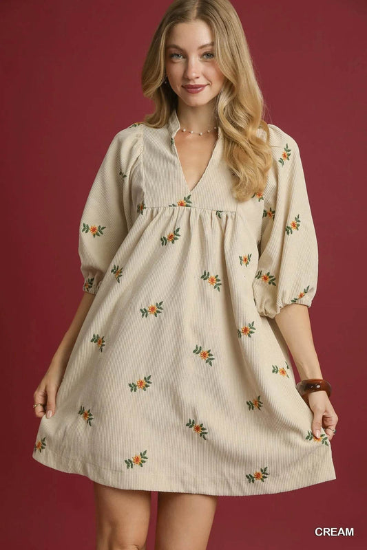 Umgee Corduroy Babydoll Dress with Floral Embroidery Cream Trendsi e5e07cea-7a32-4914-8225-201b9ba47749-Max-Origin