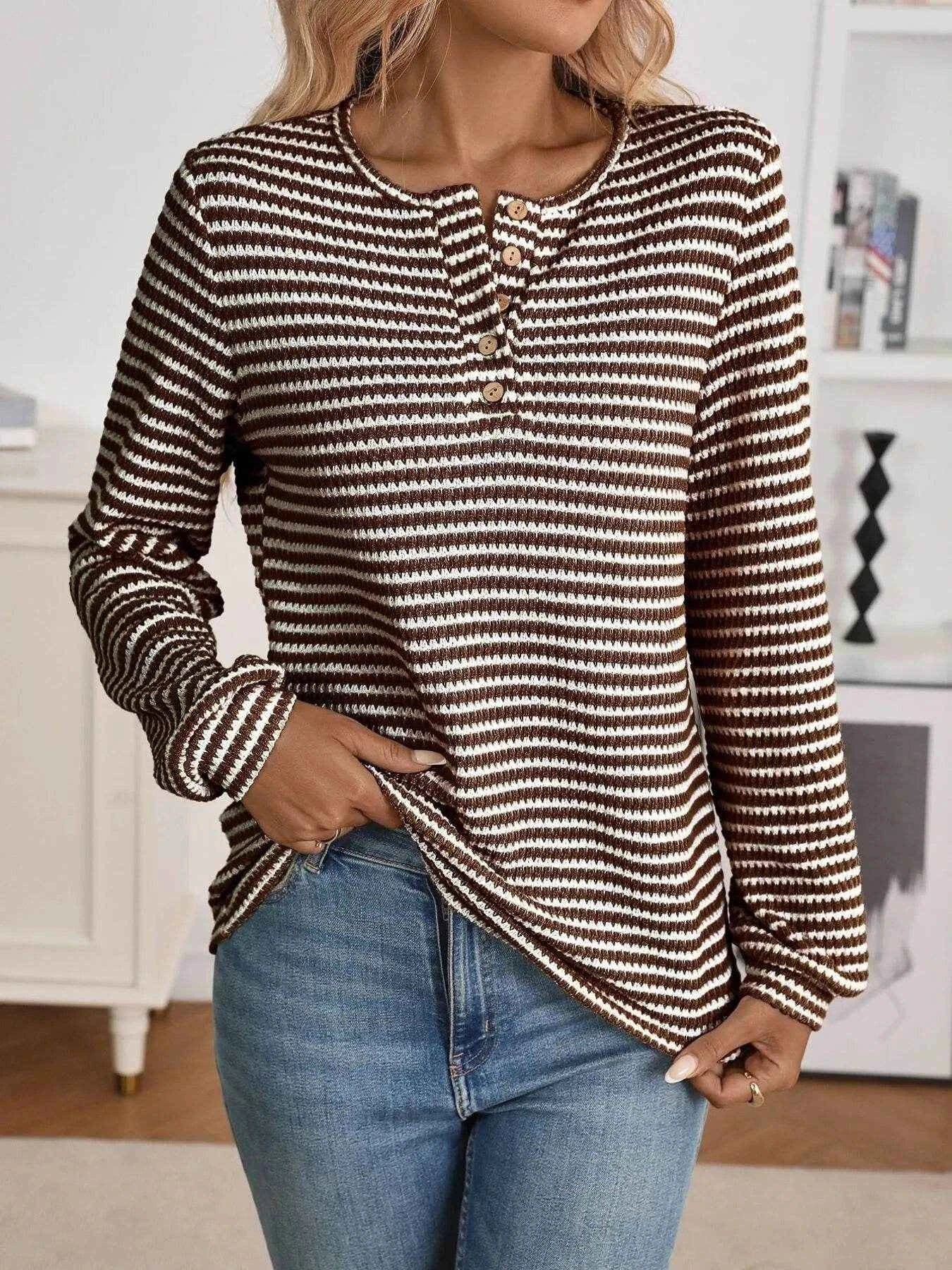 Striped Button Detail Long Sleeve Top Brown Trendsi e6091aaabaf6438c865a6b1161455bc3-Max-Origin