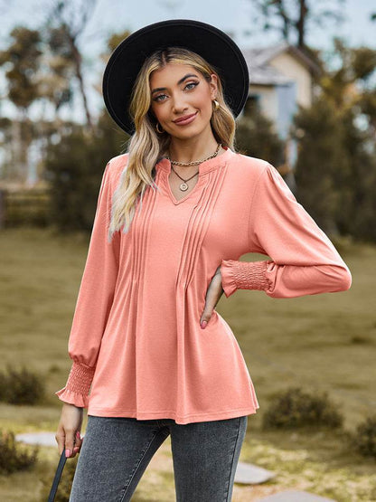 Notched Neck Flounce Sleeve Blouse Trendsi e617102476234bf6b66c0408c683a5ab-Max