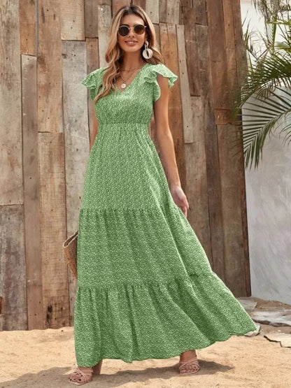 Printed V-Neck Ruffled Cap Sleeve Maxi Dress Trendsi e6489705-56e4-4519-a1eb-7fbd7249e413-Max-Origin